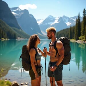 Travel lifestyle adventure with couple exploring nature trails